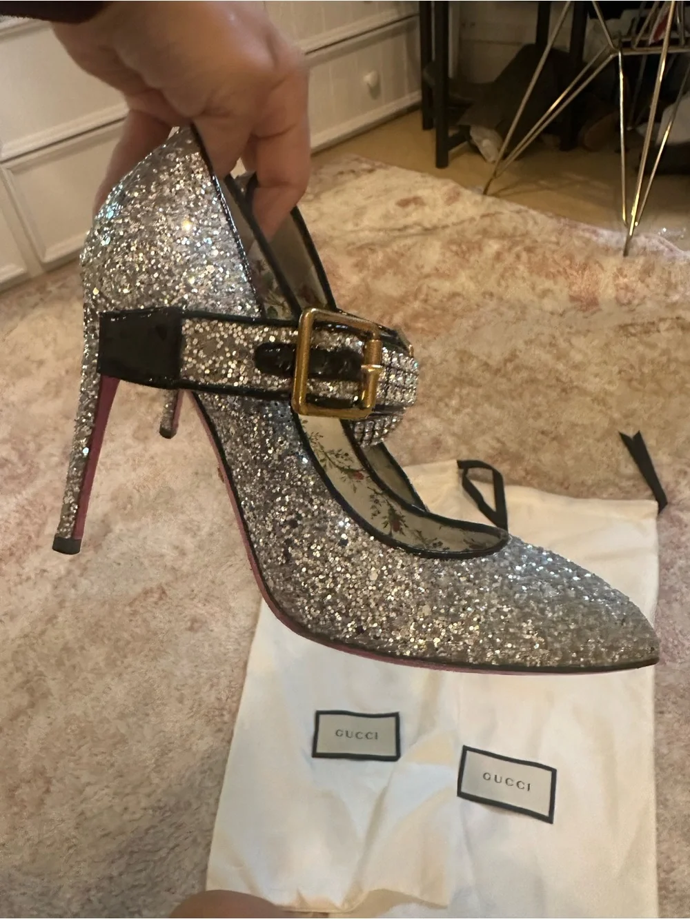 Gucci Silver Glitter Pointed Mary Jane Flats with Rhinestone Strap